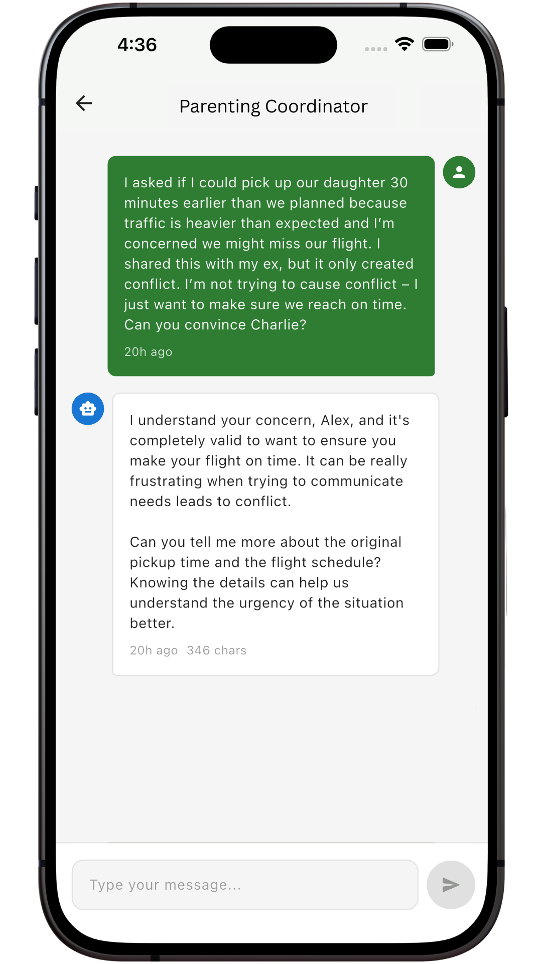 SafeTalk conversation showing conflict prevention in real-time